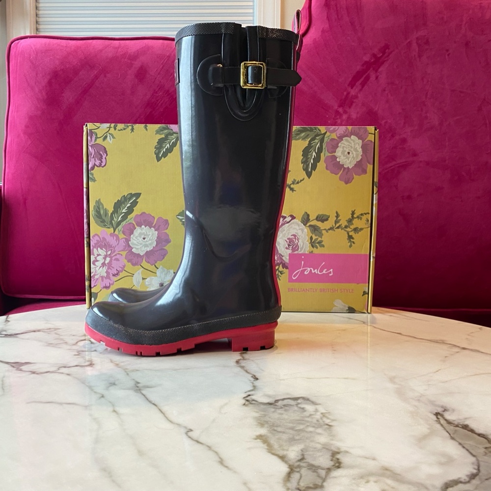Joules Kelly Welly Rain boots slate gray with Pink SZ 6 - Picture 7 of 16